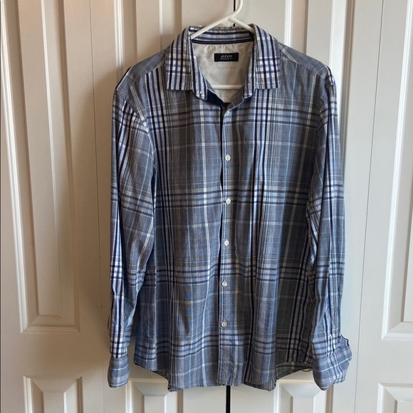 Alfani Blue and White Plaid Casual Button Down Shirt - Picture 2 of 5